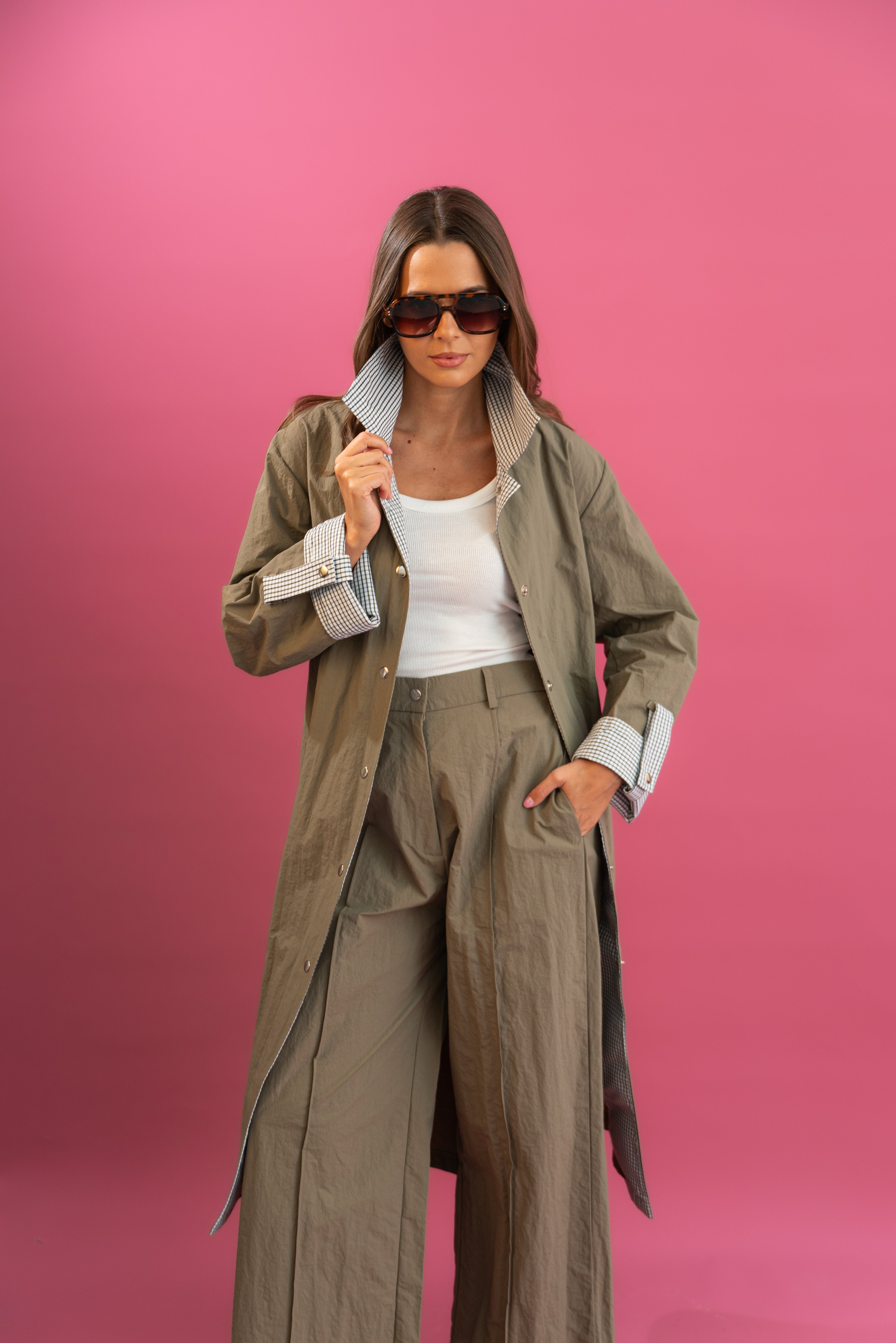 Olive Plaid-Lined Trench Coat.