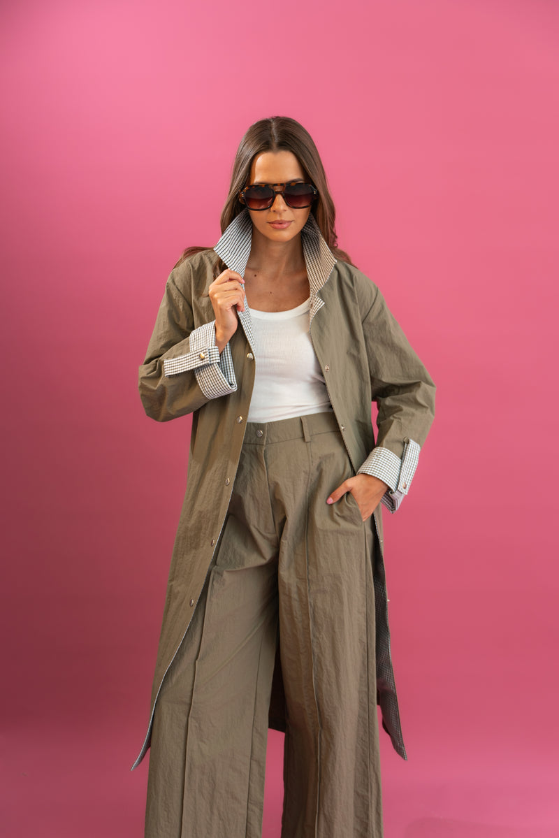 Olive Plaid-Lined Trench Coat.
