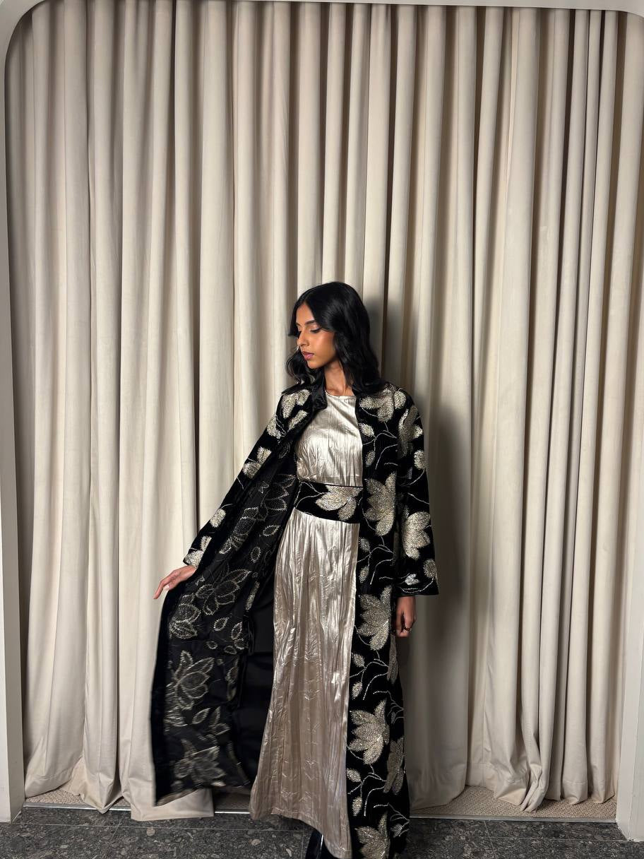 Black Velvet Floral Bisht بشت مخملي أسود بالورود