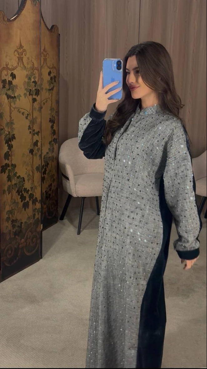 Navy Half Corduroy Half Woven Daraa Dress فستان دراعة نصف كوردروي نصف منسوج