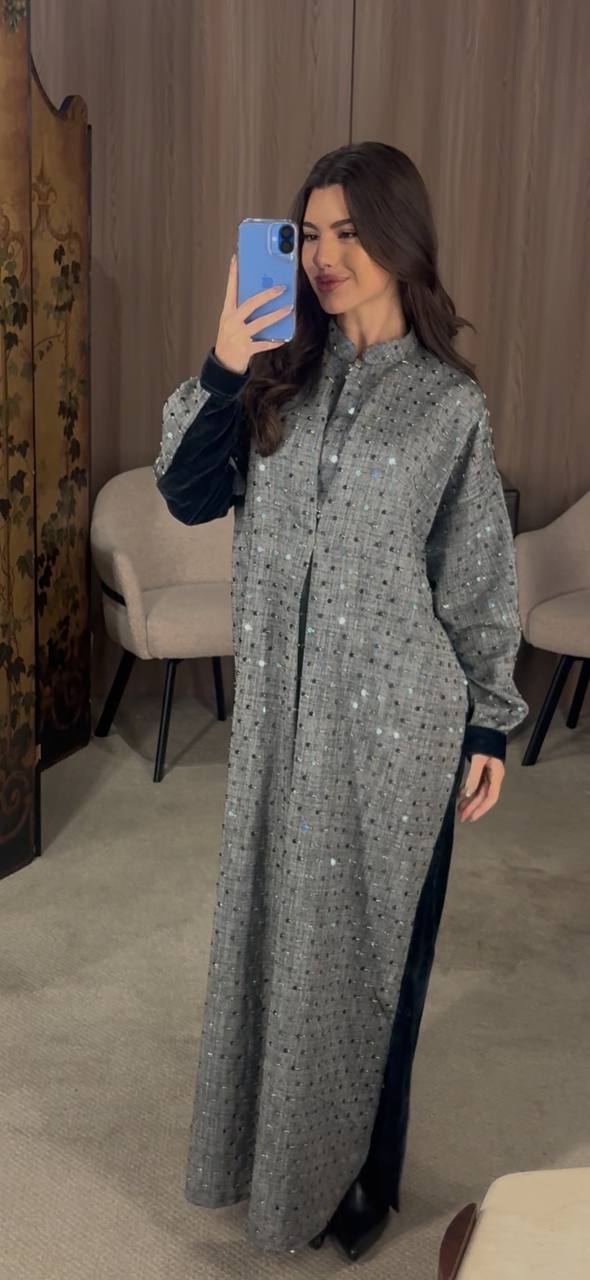 Navy Half Corduroy Half Woven Daraa Dress فستان دراعة نصف كوردروي نصف منسوج