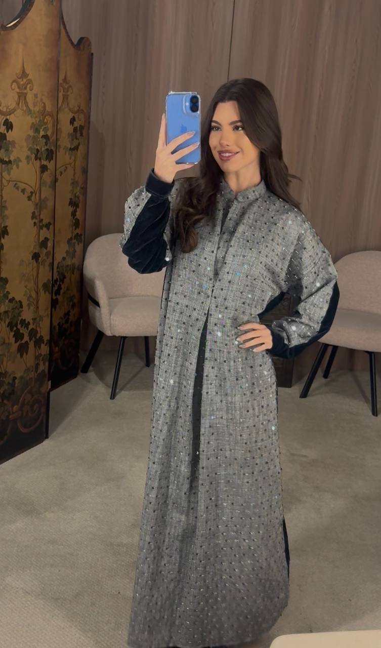 Navy Half Corduroy Half Woven Daraa Dress فستان دراعة نصف كوردروي نصف منسوج