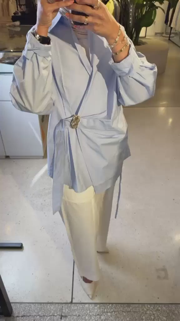 Draped Ring-Accent Shirt - LIGHT BLUE