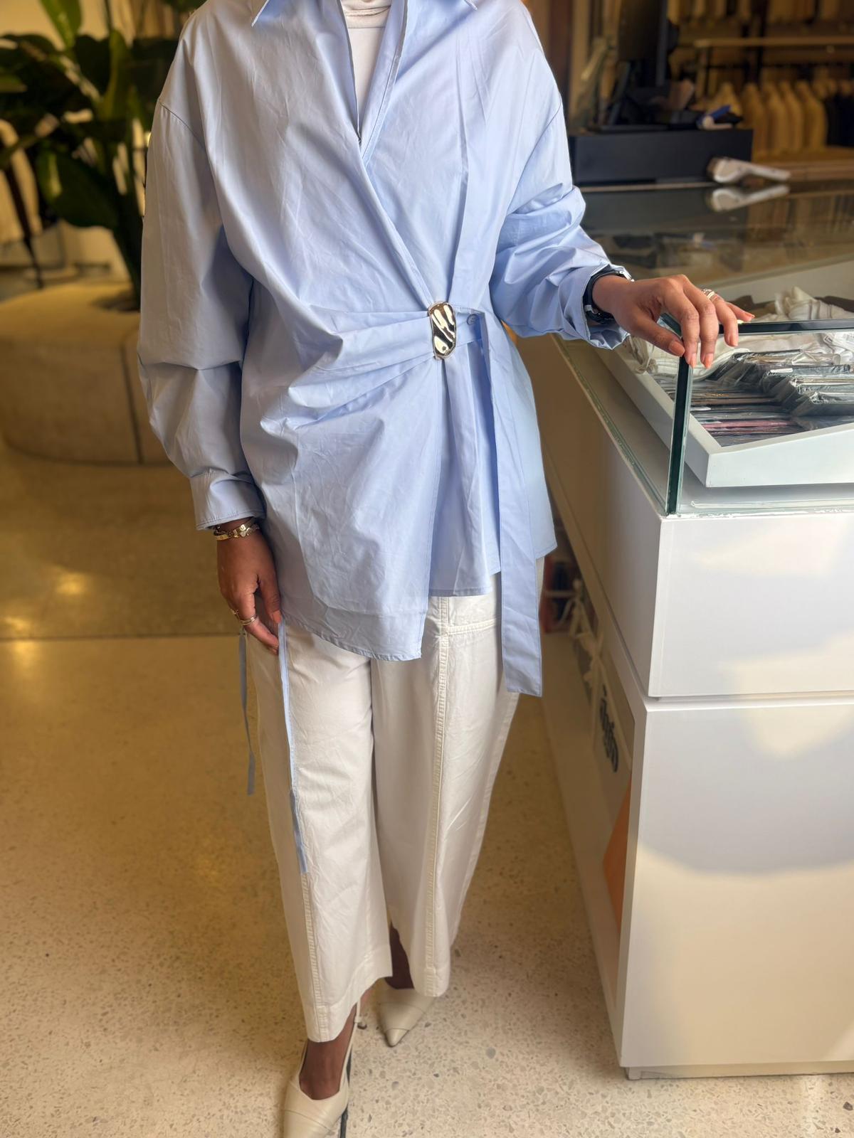 Draped Ring-Accent Shirt - LIGHT BLUE