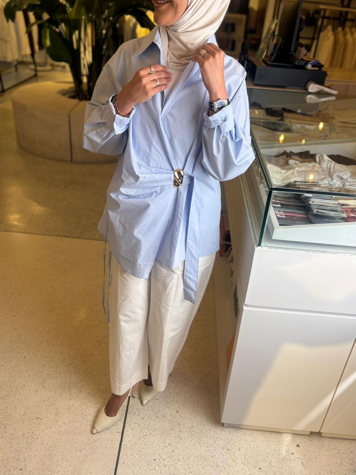 Draped Ring-Accent Shirt - LIGHT BLUE