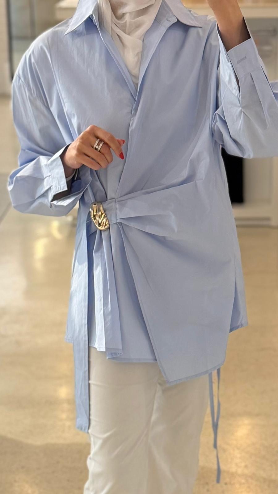 Draped Ring-Accent Shirt - LIGHT BLUE