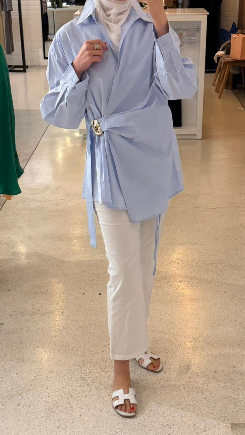 Draped Ring-Accent Shirt - LIGHT BLUE