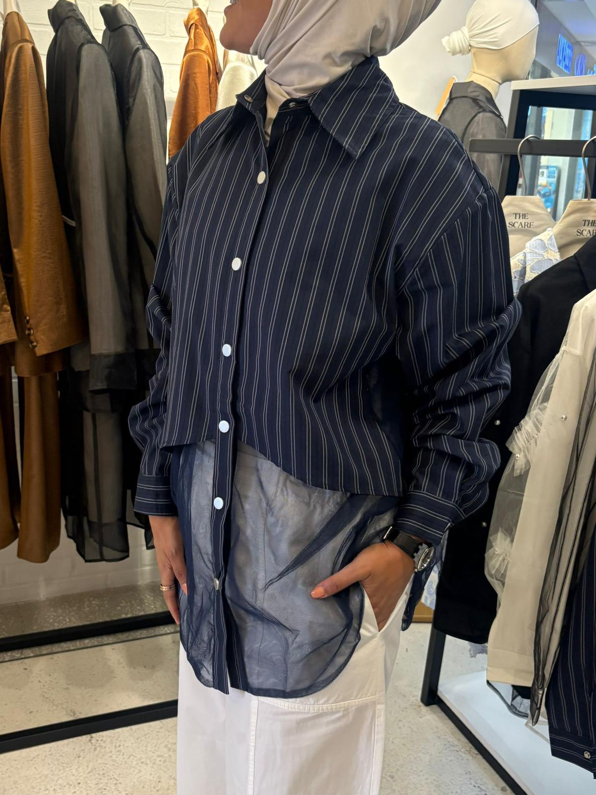 Mesh Pinstriped Shirt - NAVY BLUE