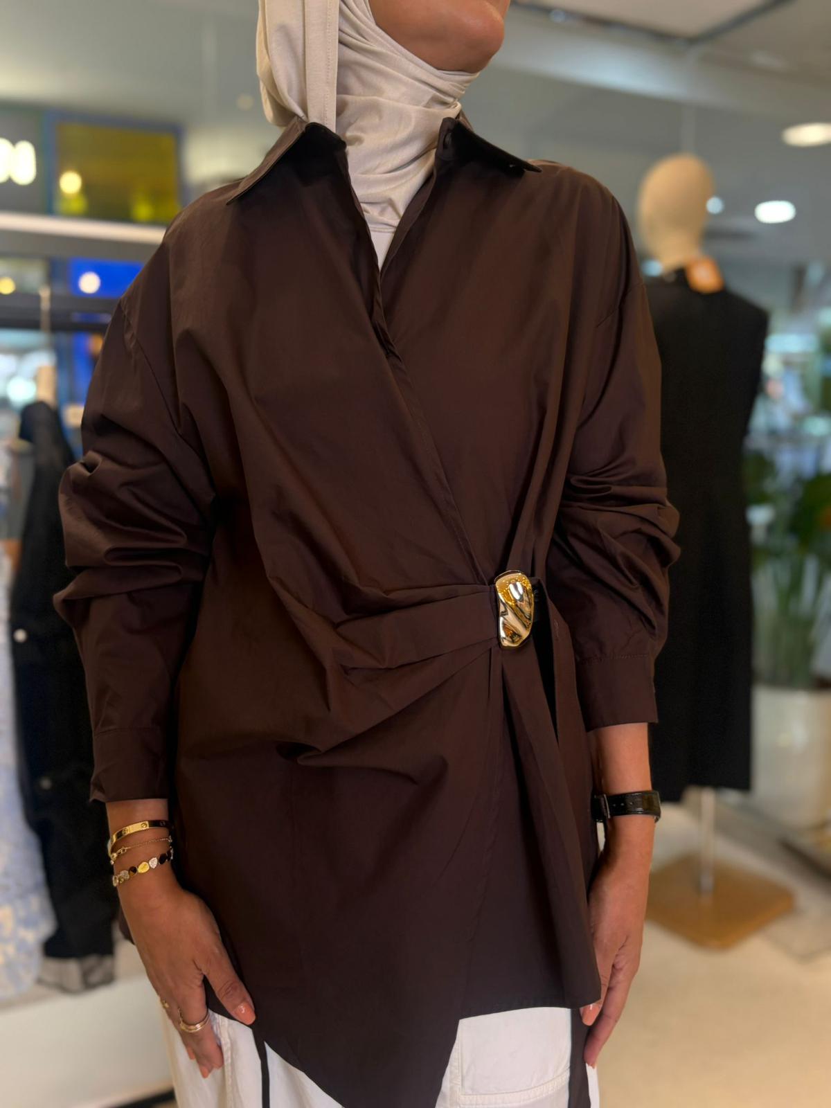 Draped Ring-Accent Shirt - BROWN