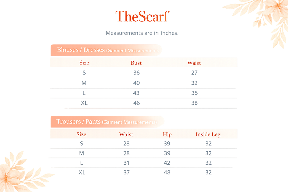 Size chart for Bronze Co-ord Skirt